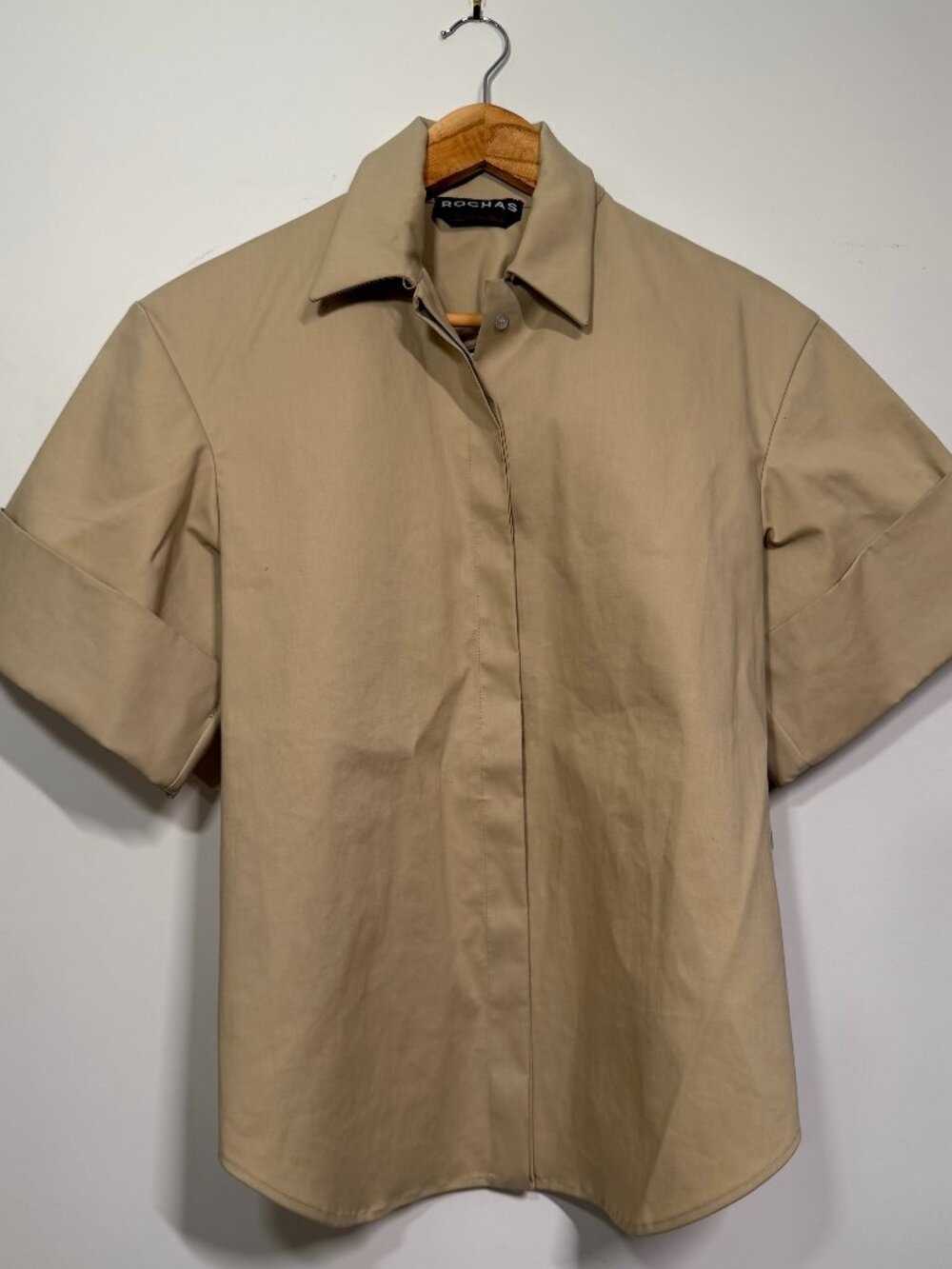 VTG Rochas Taupe Open-Back Button-down Short-Sleeve Shirt
